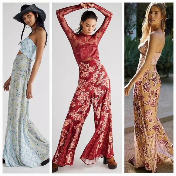 NWT Free People Silky Juliet Jumpsuit $228 SMALL Wine Floral Boho Wide Leg - Picture 2 of 5